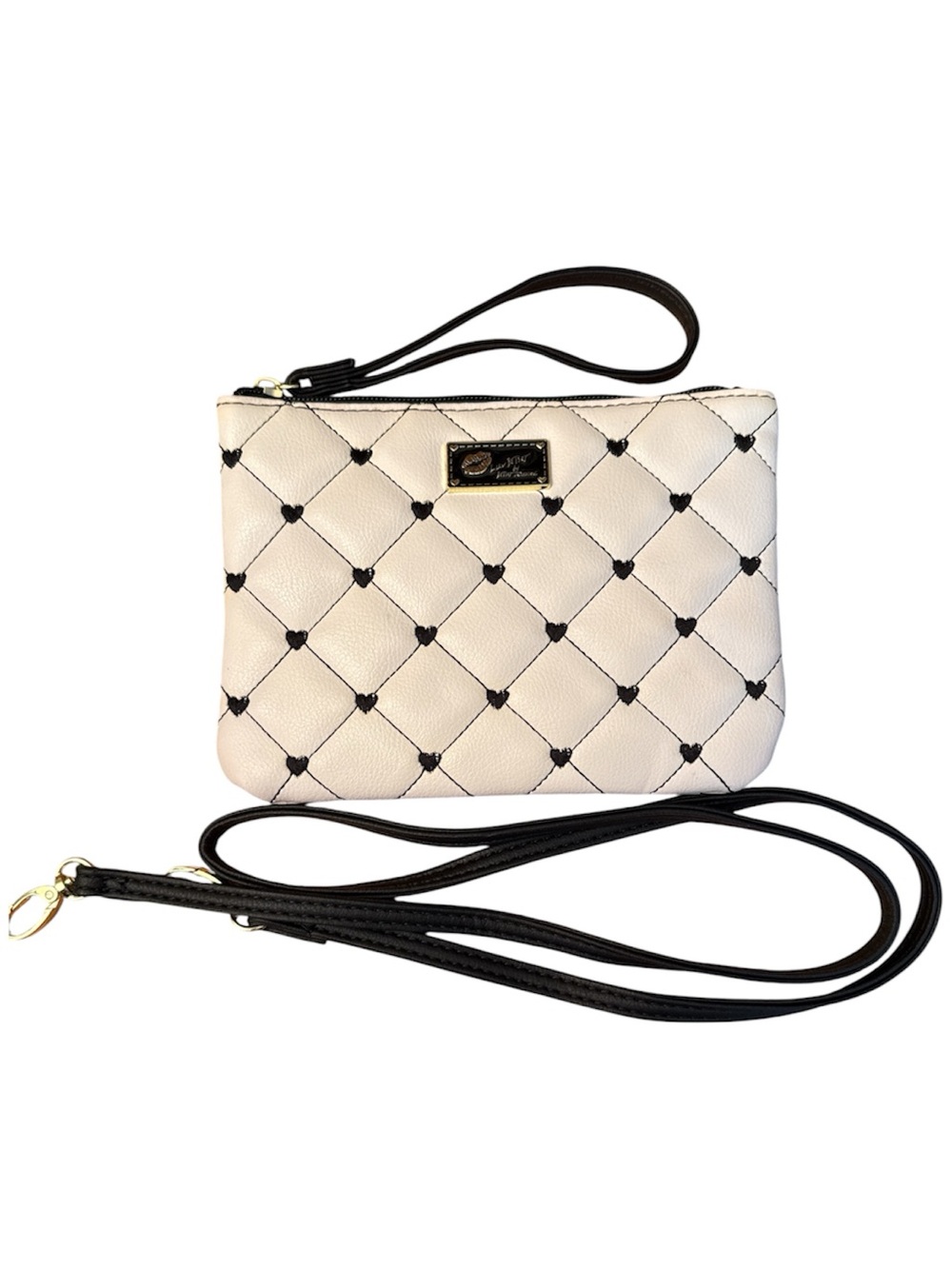Betsey Johnson Cream Quilted Wristlet/crossbody with Black Hearts